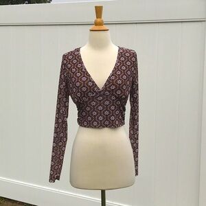 Forever 21 Brown Daisy Floral Long Sleeve Open Back Wrap Crop Top Size Large